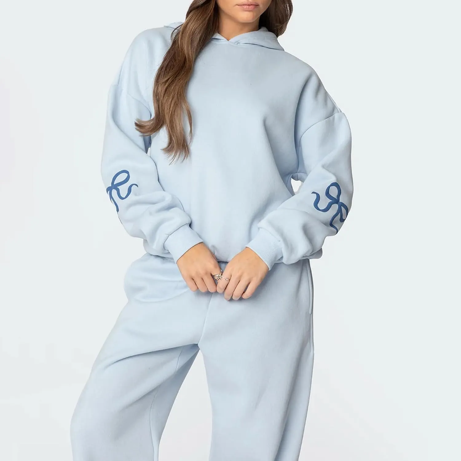 Women 2 Piece Bow Print Tracksuit Outfits Long Sleeve Hoodies Wide Leg Sweatpant Oversized Sweat Set with Pockets