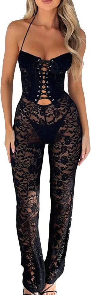 Women 2 Piece Lace Pants Set Y2K Sexy Halter Neck Sleeveless Floral Lace Corset Tank Top See-Through Flare Pants Set