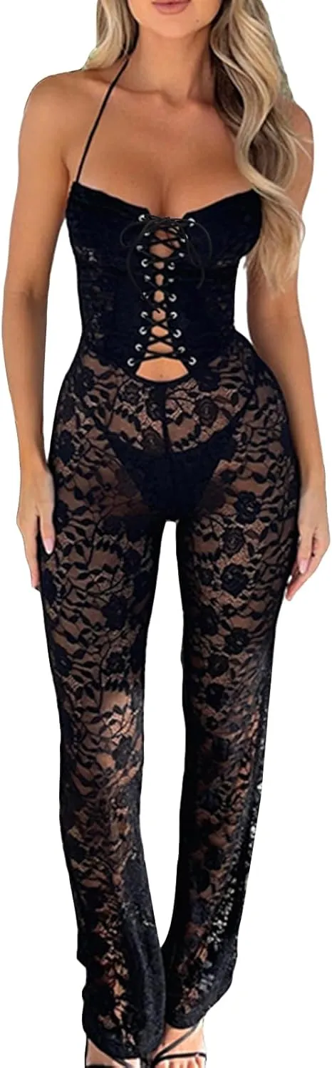 Women 2 Piece Lace Pants Set Y2K Sexy Halter Neck Sleeveless Floral Lace Corset Tank Top See-Through Flare Pants Set