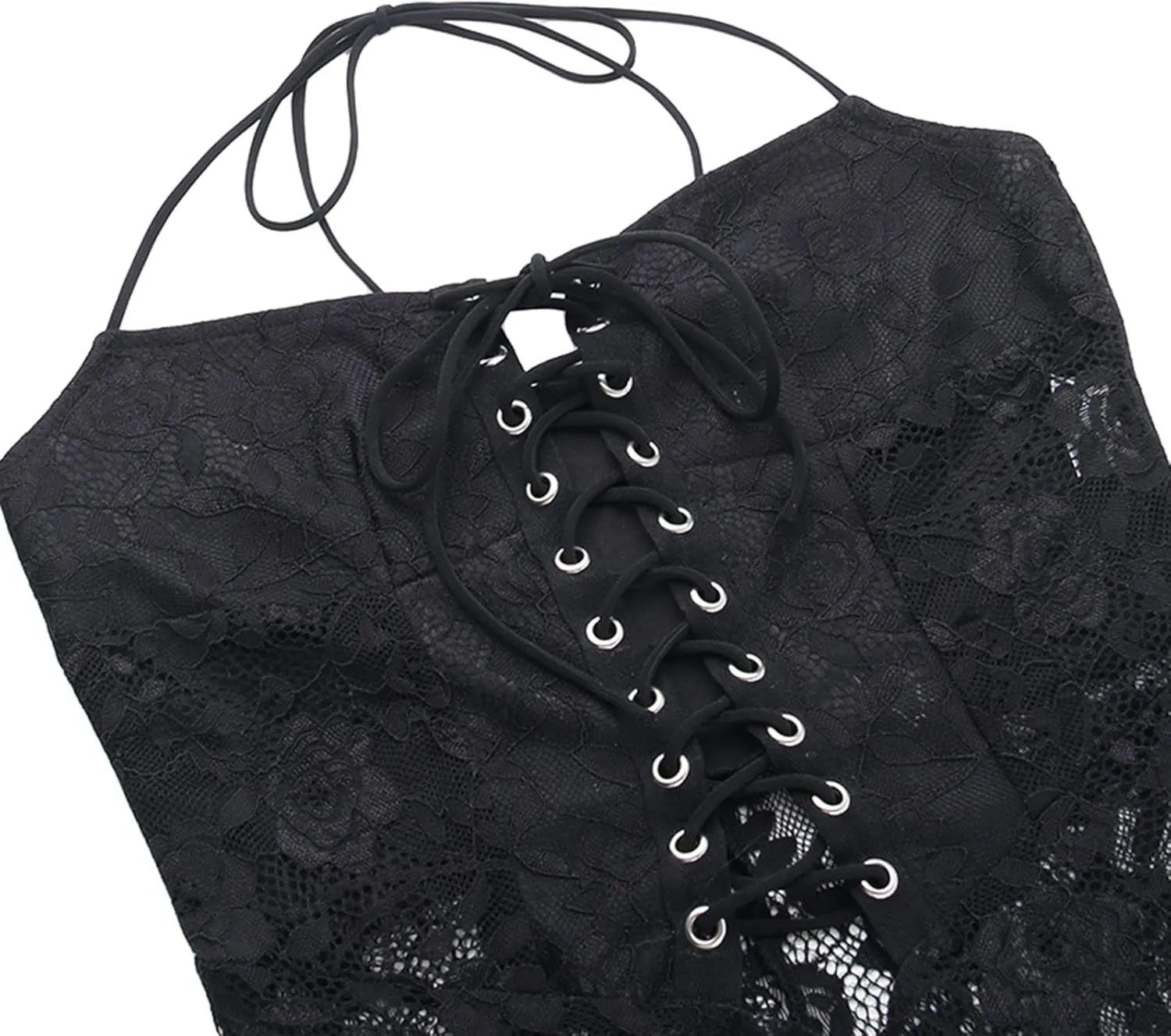 Women 2 Piece Lace Pants Set Y2K Sexy Halter Neck Sleeveless Floral Lace Corset Tank Top See-Through Flare Pants Set