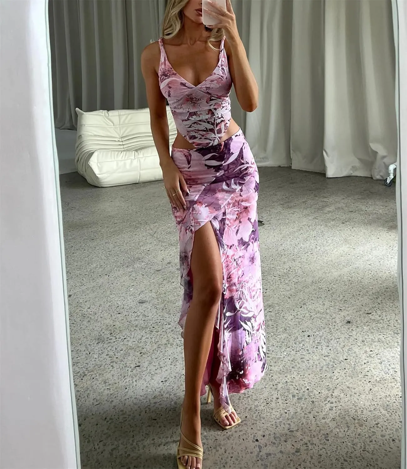 Women 2 Pieces Maxi Skirts Outfits Backless Slim Fit Camis Crop Tube Tops Split Midi Skirt Set Y2K Party Beach Clothes