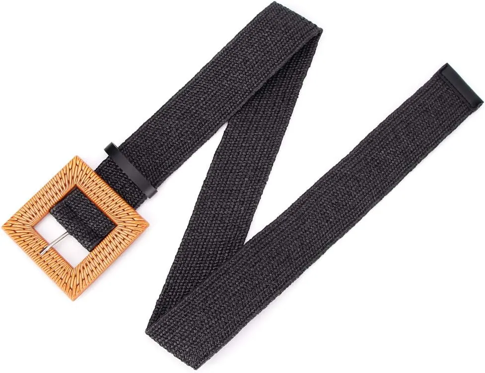 Women Belts For Dresses, Elastic Straw Rattan Waist Band With Large Buckle