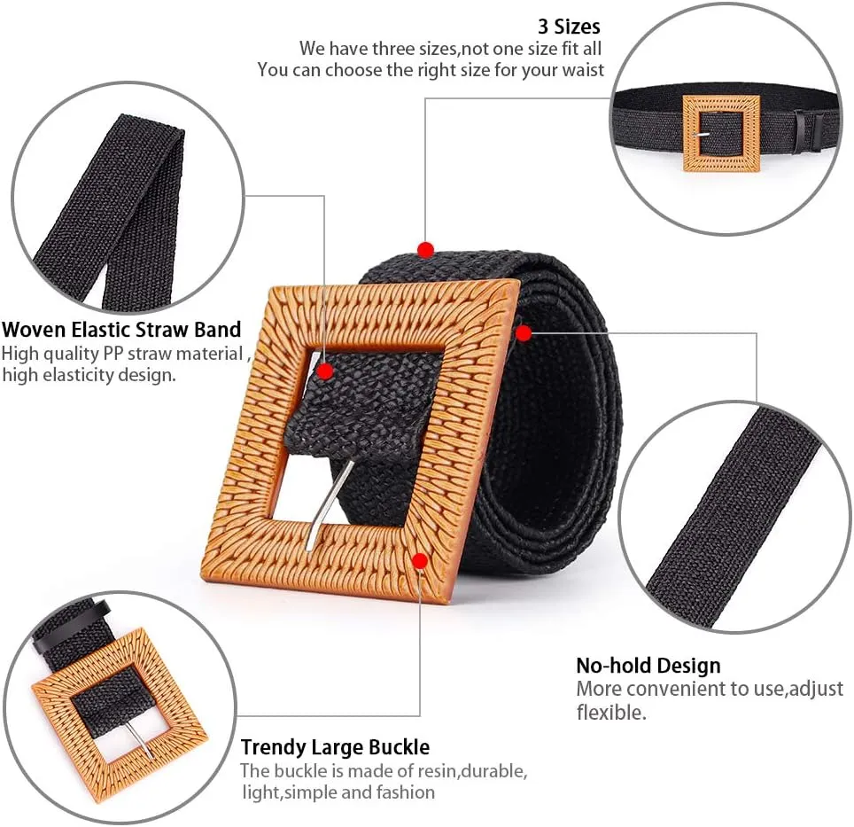 Women Belts For Dresses, Elastic Straw Rattan Waist Band With Large Buckle