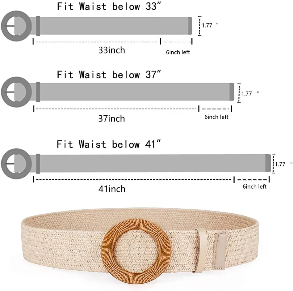 Women Belts For Dresses, Elastic Straw Rattan Waist Band With Large Buckle