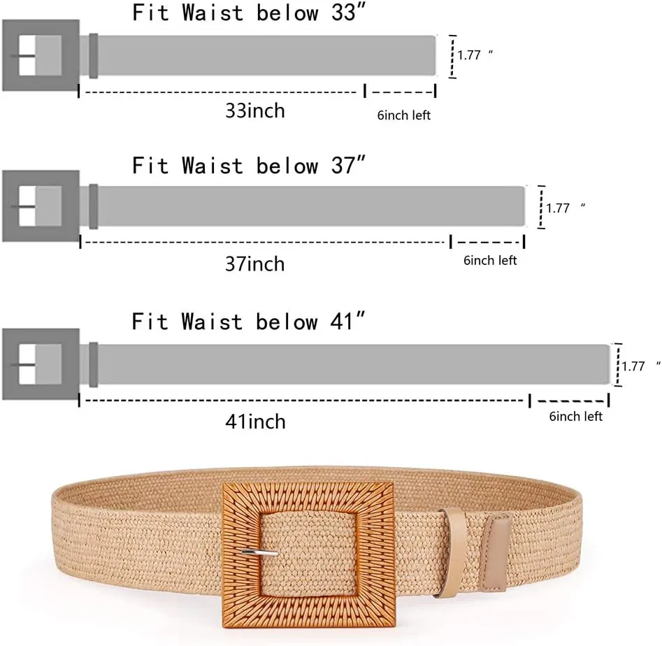 Women Belts For Dresses, Elastic Straw Rattan Waist Band With Large Buckle