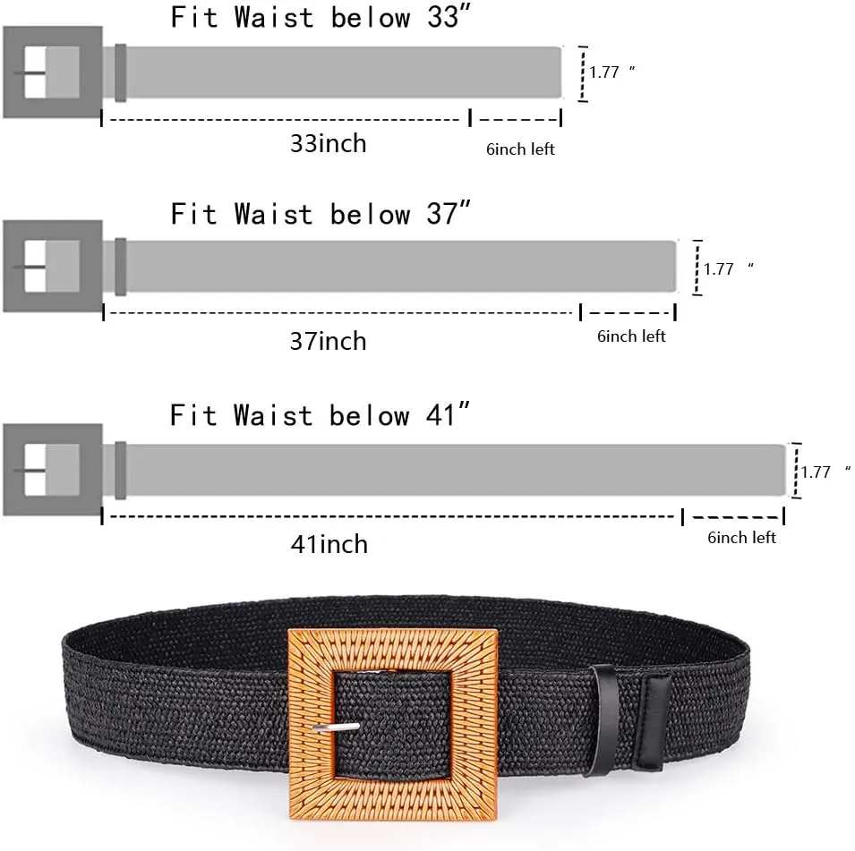 Women Belts For Dresses, Elastic Straw Rattan Waist Band With Large Buckle