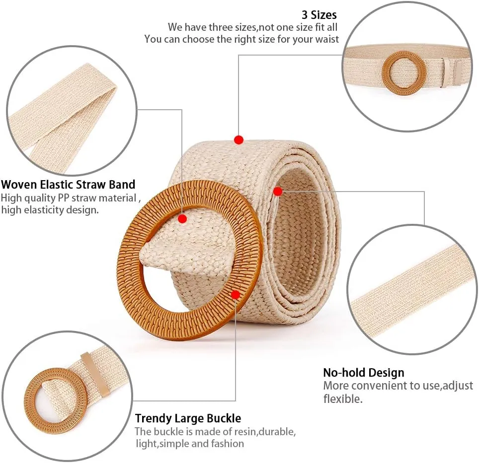 Women Belts For Dresses, Elastic Straw Rattan Waist Band With Large Buckle
