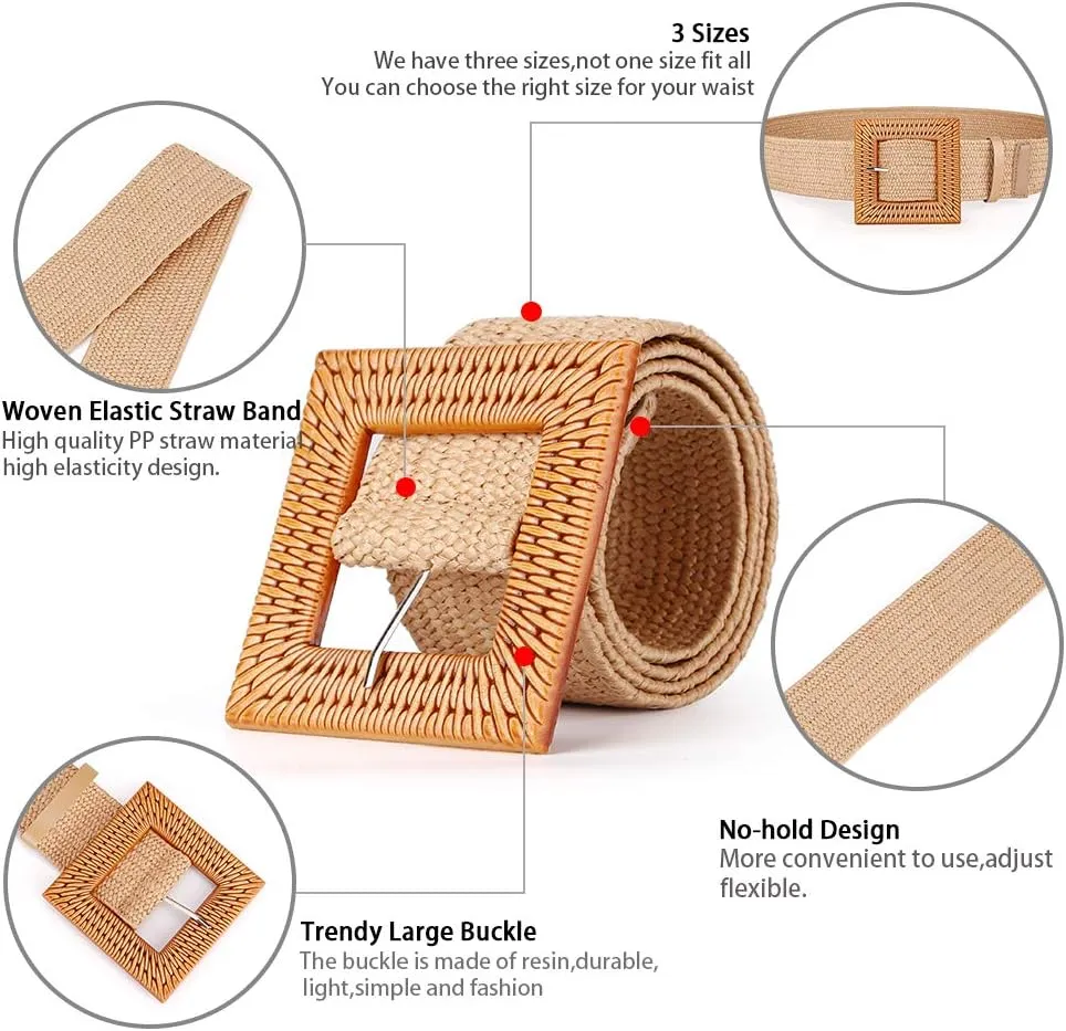 Women Belts For Dresses, Elastic Straw Rattan Waist Band With Large Buckle