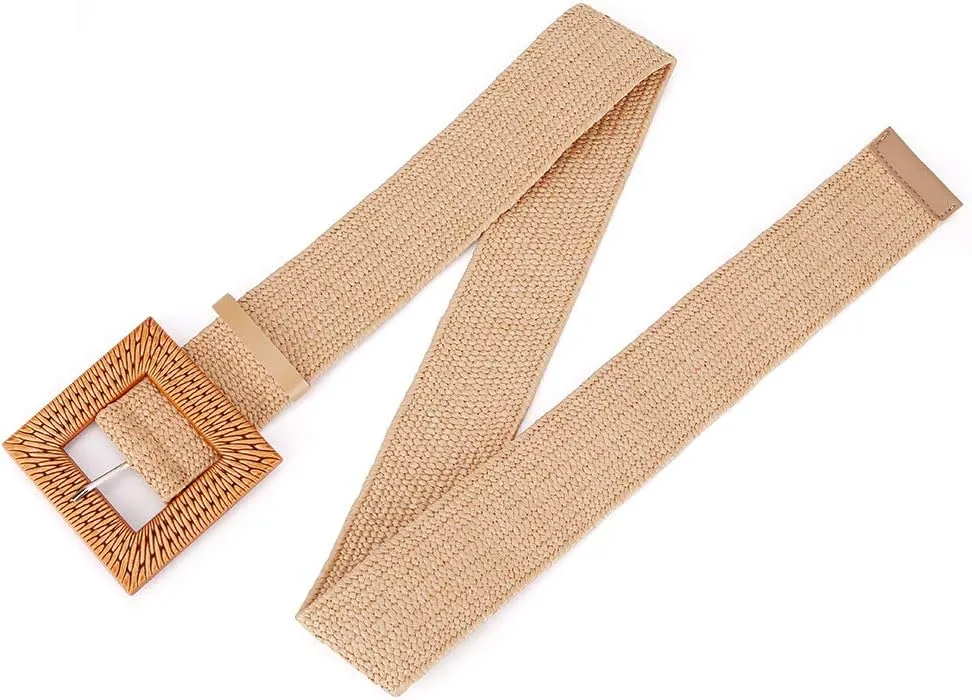Women Belts For Dresses, Elastic Straw Rattan Waist Band With Large Buckle