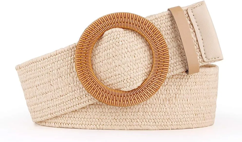 Women Belts For Dresses, Elastic Straw Rattan Waist Band With Large Buckle