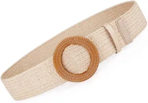 Women Belts For Dresses, Elastic Straw Rattan Waist Band With Large Buckle