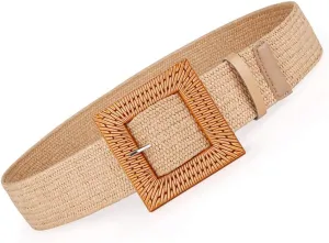 Women Belts For Dresses, Elastic Straw Rattan Waist Band With Large Buckle
