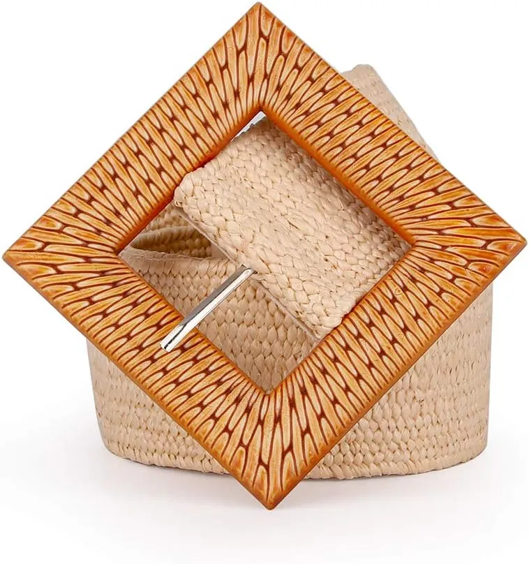 Women Belts For Dresses, Elastic Straw Rattan Waist Band With Large Buckle