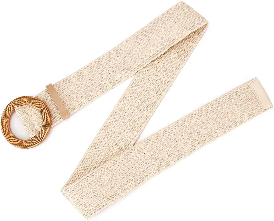 Women Belts For Dresses, Elastic Straw Rattan Waist Band With Large Buckle