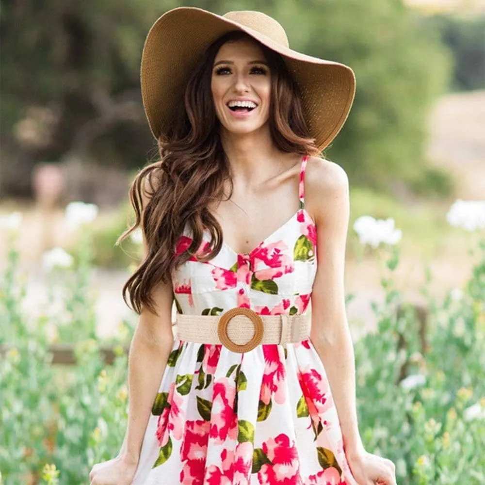 Women Belts For Dresses, Elastic Straw Rattan Waist Band With Large Buckle