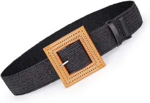 Women Belts For Dresses, Elastic Straw Rattan Waist Band With Large Buckle