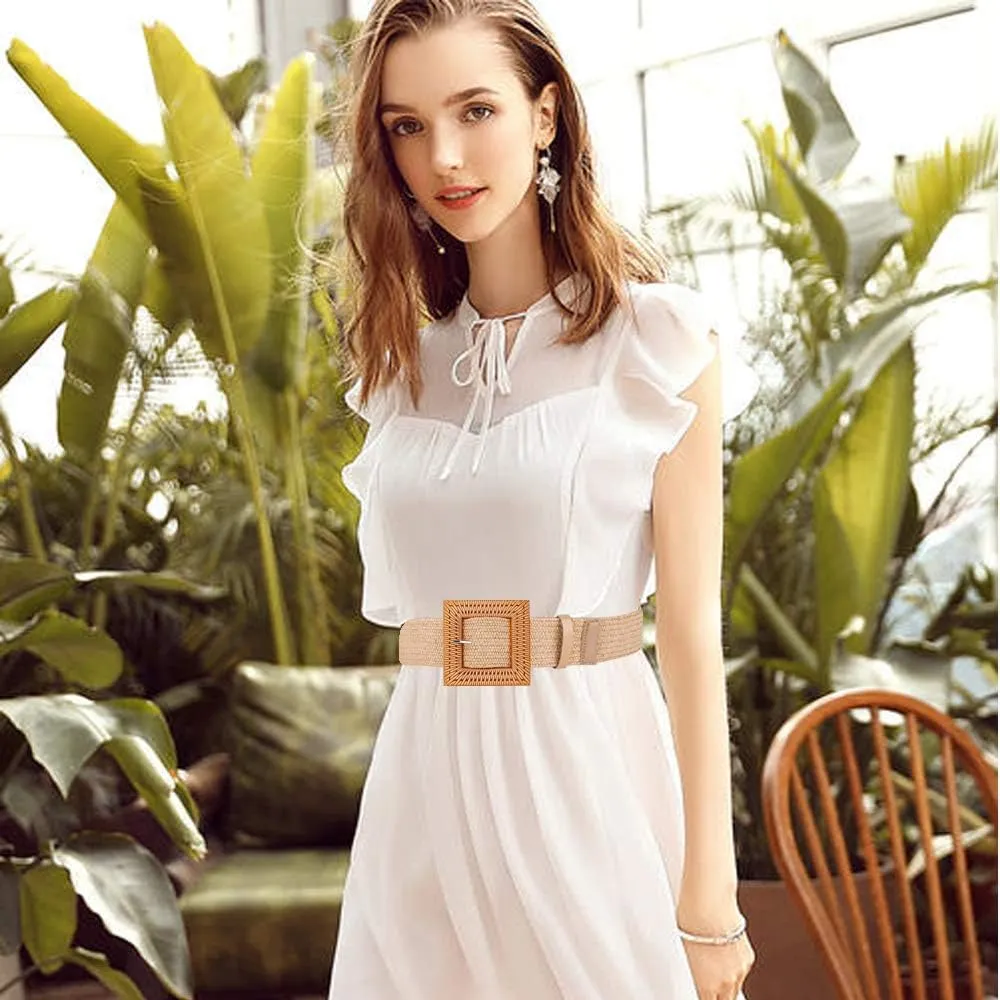 Women Belts For Dresses, Elastic Straw Rattan Waist Band With Large Buckle
