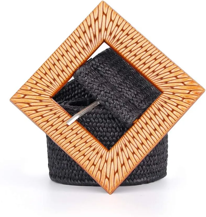 Women Belts For Dresses, Elastic Straw Rattan Waist Band With Large Buckle