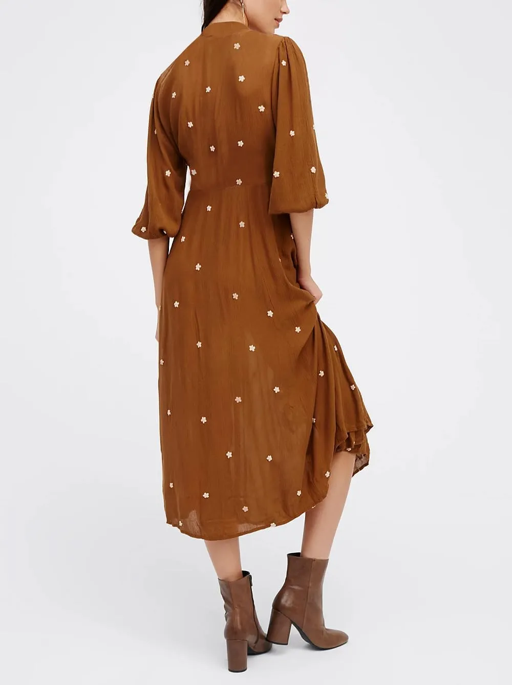 Women Boho Flowy Maxi Dress Floral Embroidered Puff Sleeve Long Dress Drawstring Deep V Neck Vacation Beach Sundress