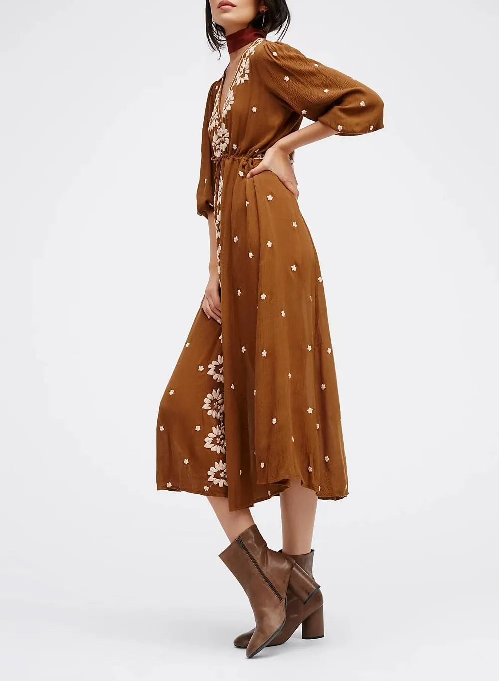 Women Boho Flowy Maxi Dress Floral Embroidered Puff Sleeve Long Dress Drawstring Deep V Neck Vacation Beach Sundress