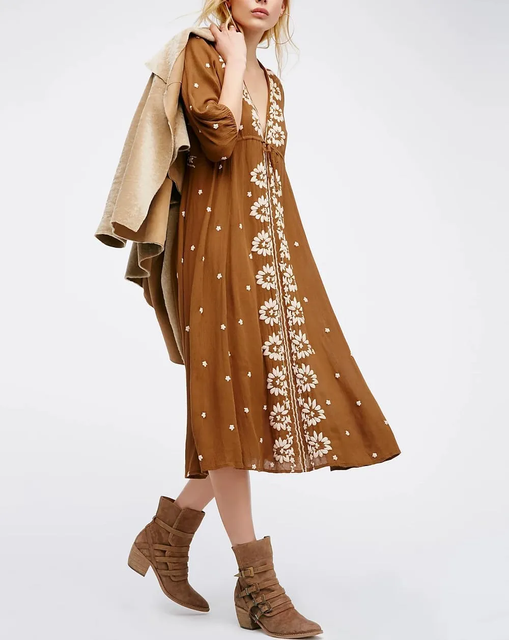 Women Boho Flowy Maxi Dress Floral Embroidered Puff Sleeve Long Dress Drawstring Deep V Neck Vacation Beach Sundress