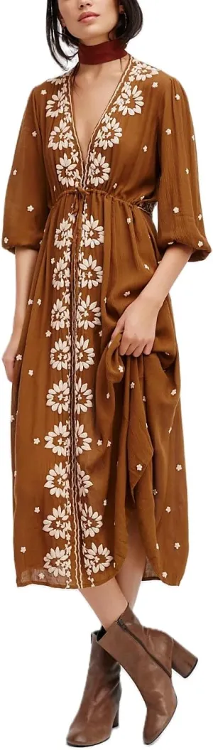 Women Boho Flowy Maxi Dress Floral Embroidered Puff Sleeve Long Dress Drawstring Deep V Neck Vacation Beach Sundress