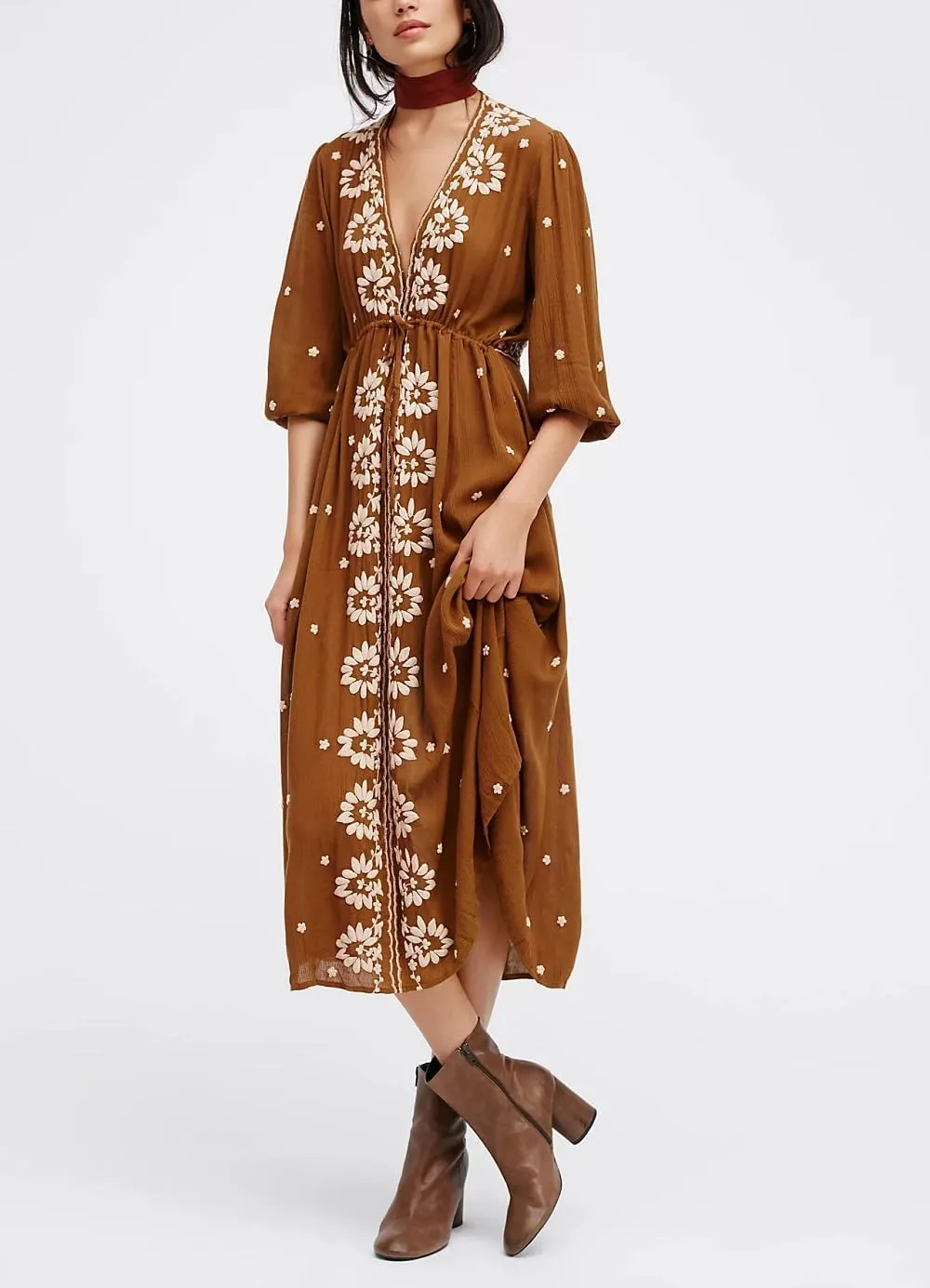 Women Boho Flowy Maxi Dress Floral Embroidered Puff Sleeve Long Dress Drawstring Deep V Neck Vacation Beach Sundress