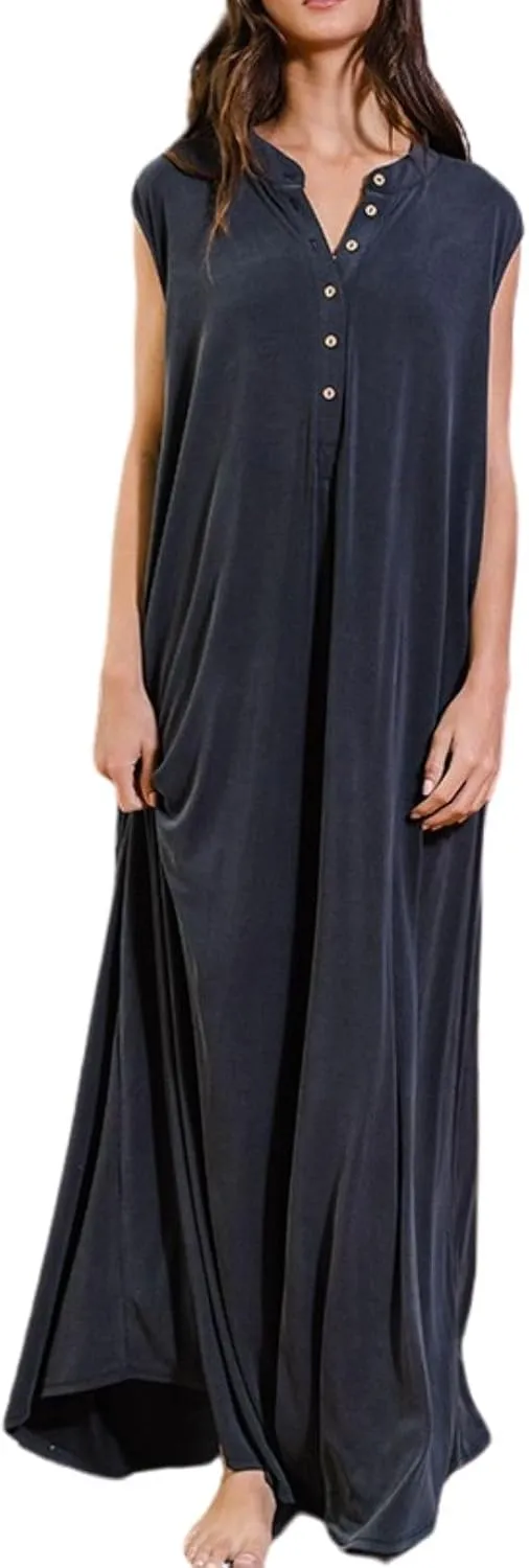 Women Casual Sleeveless Wide Leg Jumpsuits Loose fit One Piece Romper Long Pants Button Up Rompers with Pockets
