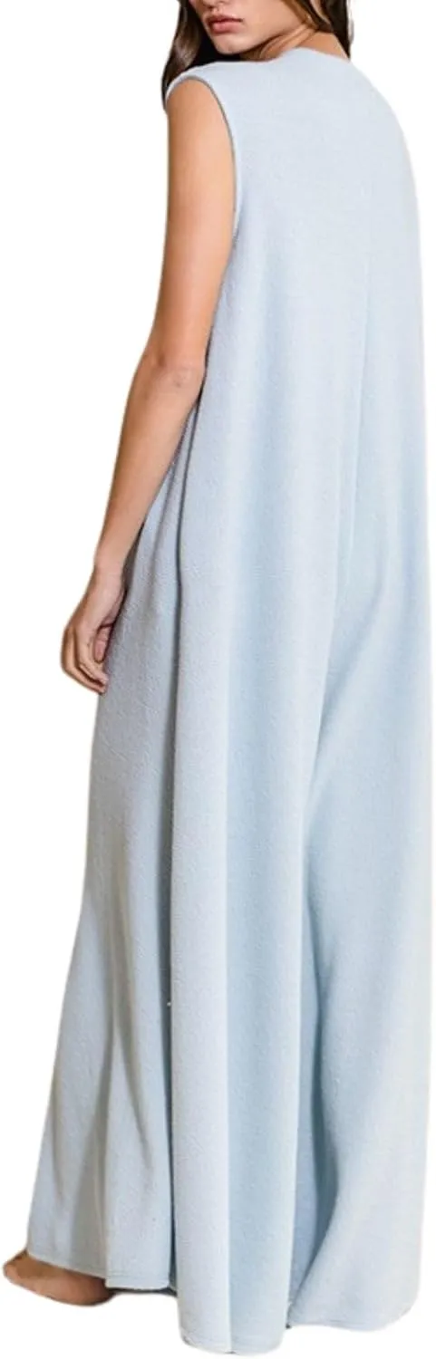 Women Casual Sleeveless Wide Leg Jumpsuits Loose fit One Piece Romper Long Pants Button Up Rompers with Pockets
