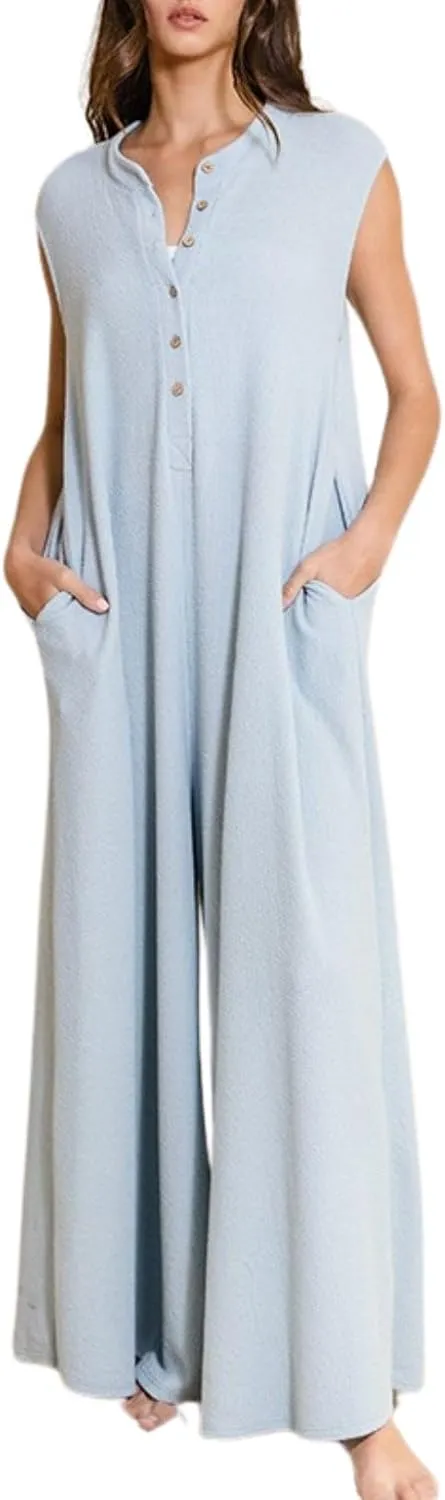 Women Casual Sleeveless Wide Leg Jumpsuits Loose fit One Piece Romper Long Pants Button Up Rompers with Pockets