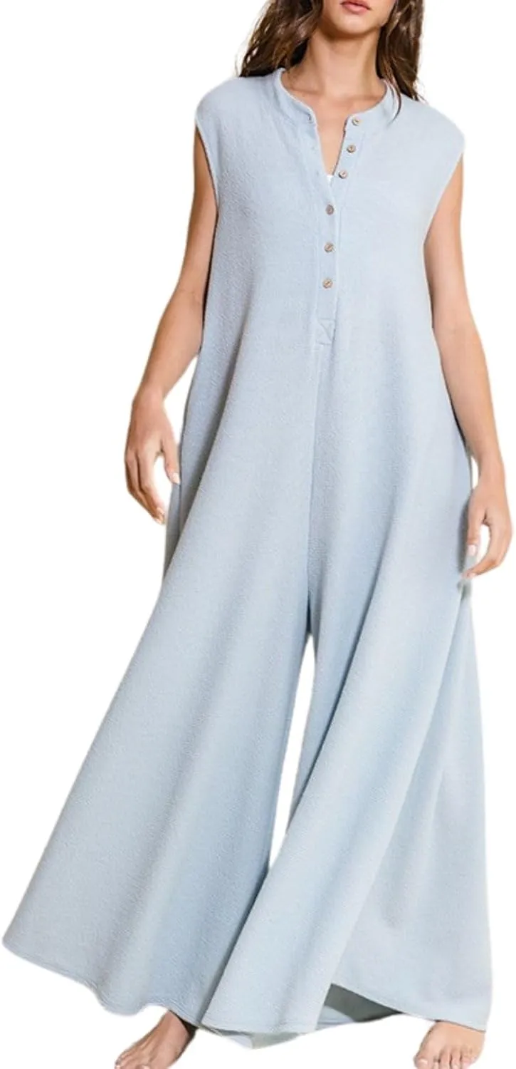 Women Casual Sleeveless Wide Leg Jumpsuits Loose fit One Piece Romper Long Pants Button Up Rompers with Pockets