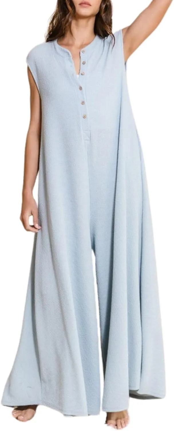 Women Casual Sleeveless Wide Leg Jumpsuits Loose fit One Piece Romper Long Pants Button Up Rompers with Pockets