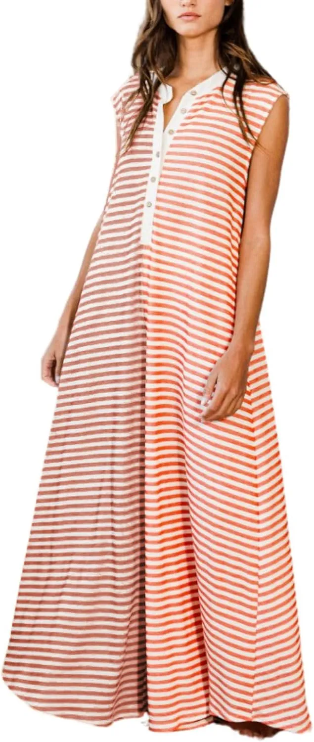 Women Casual Striped Sleeveless Tank Jumpsuits Color Block Wide Leg Romper Comfy Button Down Rompers