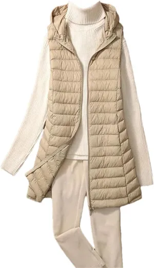 Women Midi Long Lightweightthin Down Vest Women Winter Long Hooded Jackets Slim Waistcoat Casual Basic