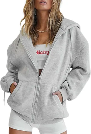 Women Oversized Zip Up Hoodies Sweatshirts Clothes Teen Girl Casual Drawstring Jackets with Pockets