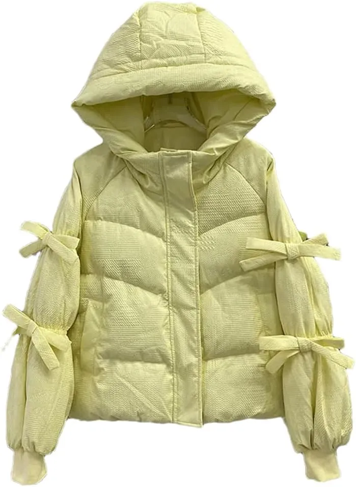 Women Parkas Bow Down Cotton Padded Jackets Zippers Casual Solid Warm Thick Hooded Coat