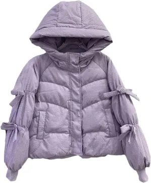 Women Parkas Bow Down Cotton Padded Jackets Zippers Casual Solid Warm Thick Hooded Coat