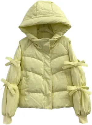 Women Parkas Bow Down Cotton Padded Jackets Zippers Casual Solid Warm Thick Hooded Coat