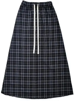 Women Plaid Maxi Skirt Boho Elastic Waist Flowy Long Skirt Pleated Ruffle Hem A Line Skirt Casual Tiered Swing Skirt