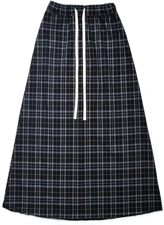 Women Plaid Maxi Skirt Boho Elastic Waist Flowy Long Skirt Pleated Ruffle Hem A Line Skirt Casual Tiered Swing Skirt