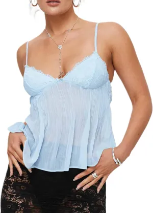 Women Pleated Camisole Sexy Sheer Mesh Spaghetti Strap Tank Top Lace Trim V Neck Bustier Cami Tops Streetwear