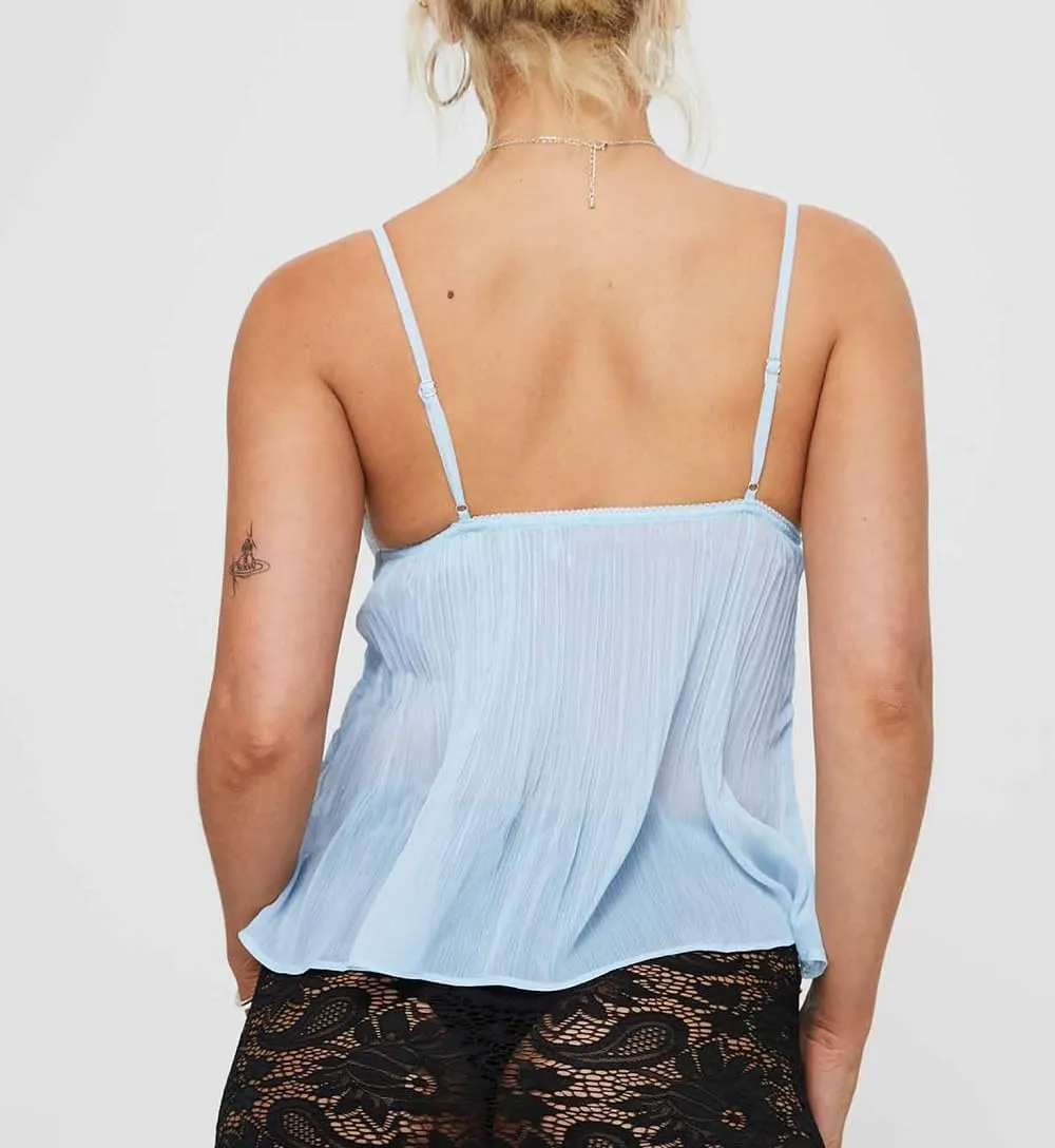 Women Pleated Camisole Sexy Sheer Mesh Spaghetti Strap Tank Top Lace Trim V Neck Bustier Cami Tops Streetwear