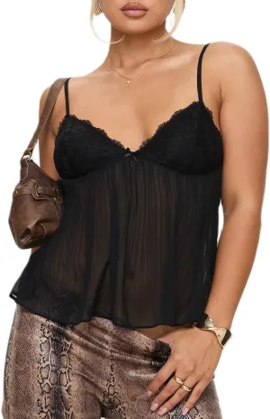 Women Pleated Camisole Sexy Sheer Mesh Spaghetti Strap Tank Top Lace Trim V Neck Bustier Cami Tops Streetwear