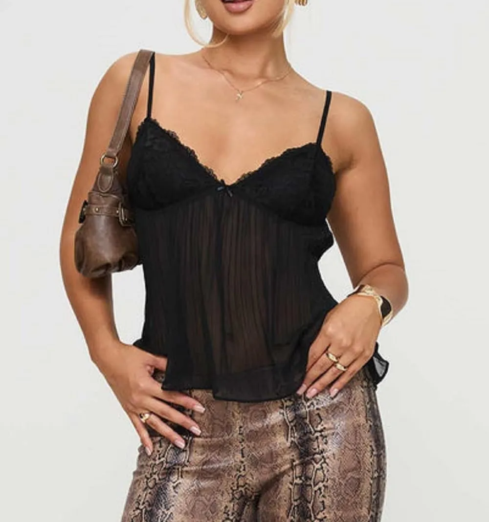 Women Pleated Camisole Sexy Sheer Mesh Spaghetti Strap Tank Top Lace Trim V Neck Bustier Cami Tops Streetwear