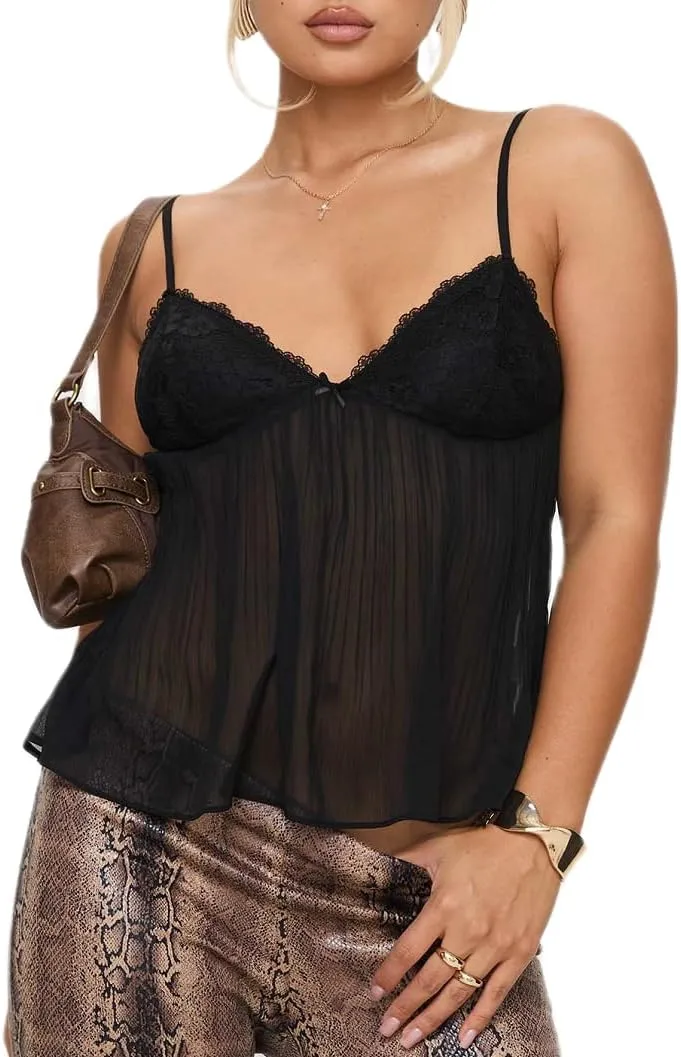 Women Pleated Camisole Sexy Sheer Mesh Spaghetti Strap Tank Top Lace Trim V Neck Bustier Cami Tops Streetwear