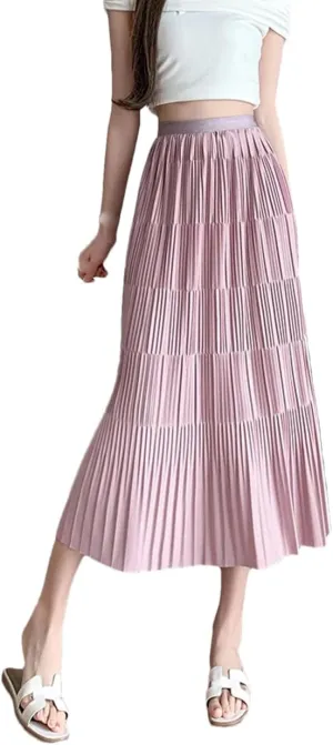 Women Pleated Midi Long Skirt Solid A Line High Waist Casual Elastic Waist Skirt