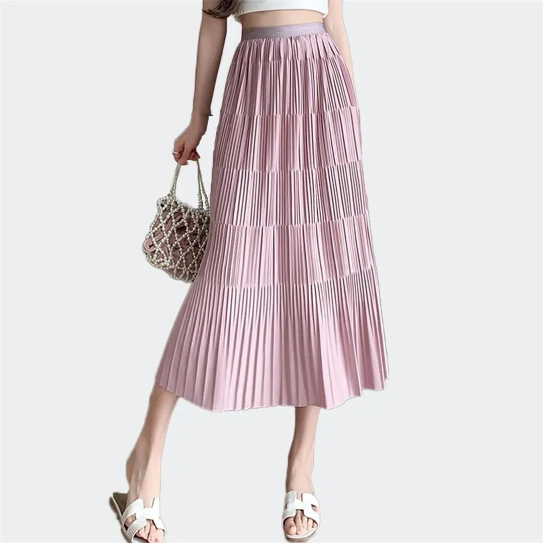 Women Pleated Midi Long Skirt Solid A Line High Waist Casual Elastic Waist Skirt