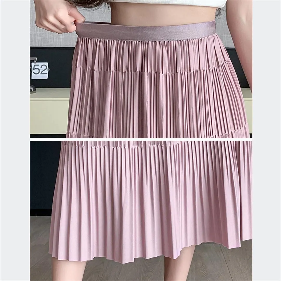 Women Pleated Midi Long Skirt Solid A Line High Waist Casual Elastic Waist Skirt