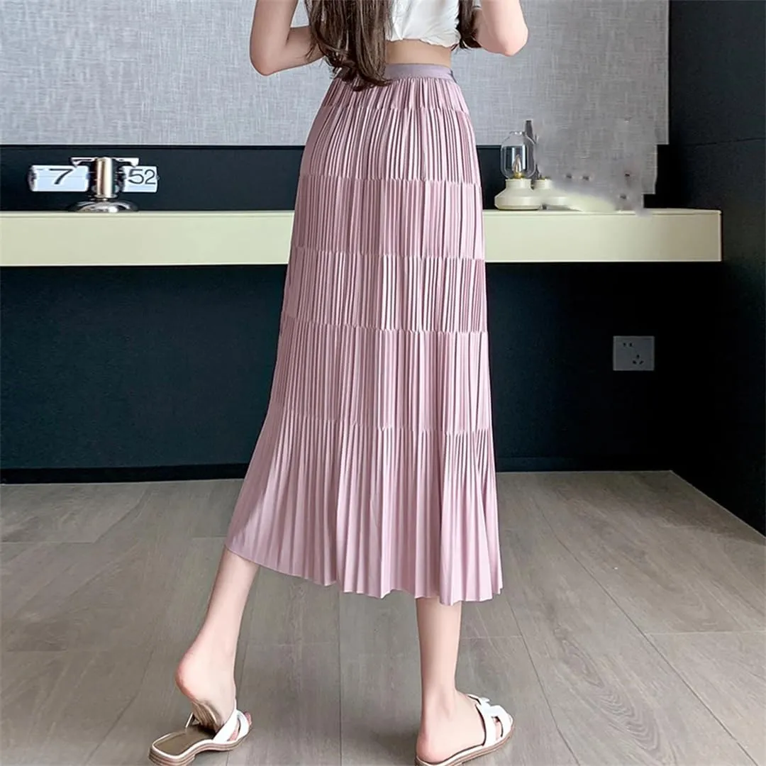 Women Pleated Midi Long Skirt Solid A Line High Waist Casual Elastic Waist Skirt