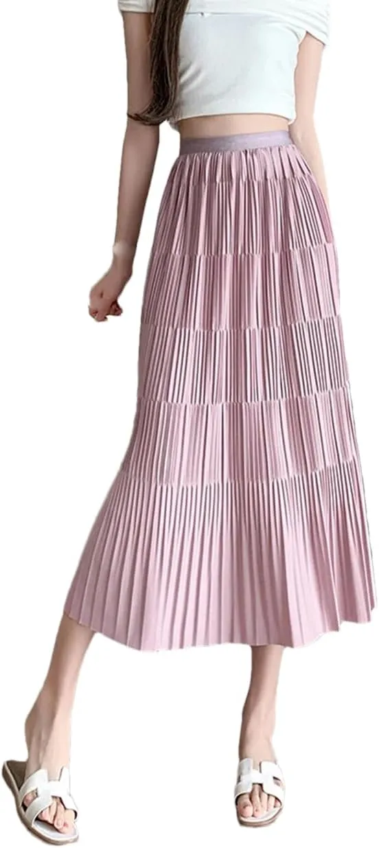 Women Pleated Midi Long Skirt Solid A Line High Waist Casual Elastic Waist Skirt